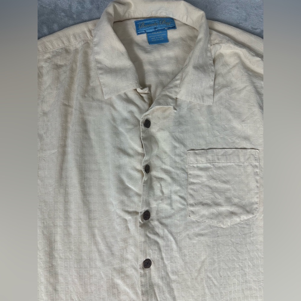 Bermuda Bay Men's 100% Silk Ivory Cream Short Sleeve Hawaiian Shirt Beach Resort